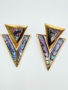 Vintage Butler Abalone Triangle Earrings Gold Tone Geometric 80s